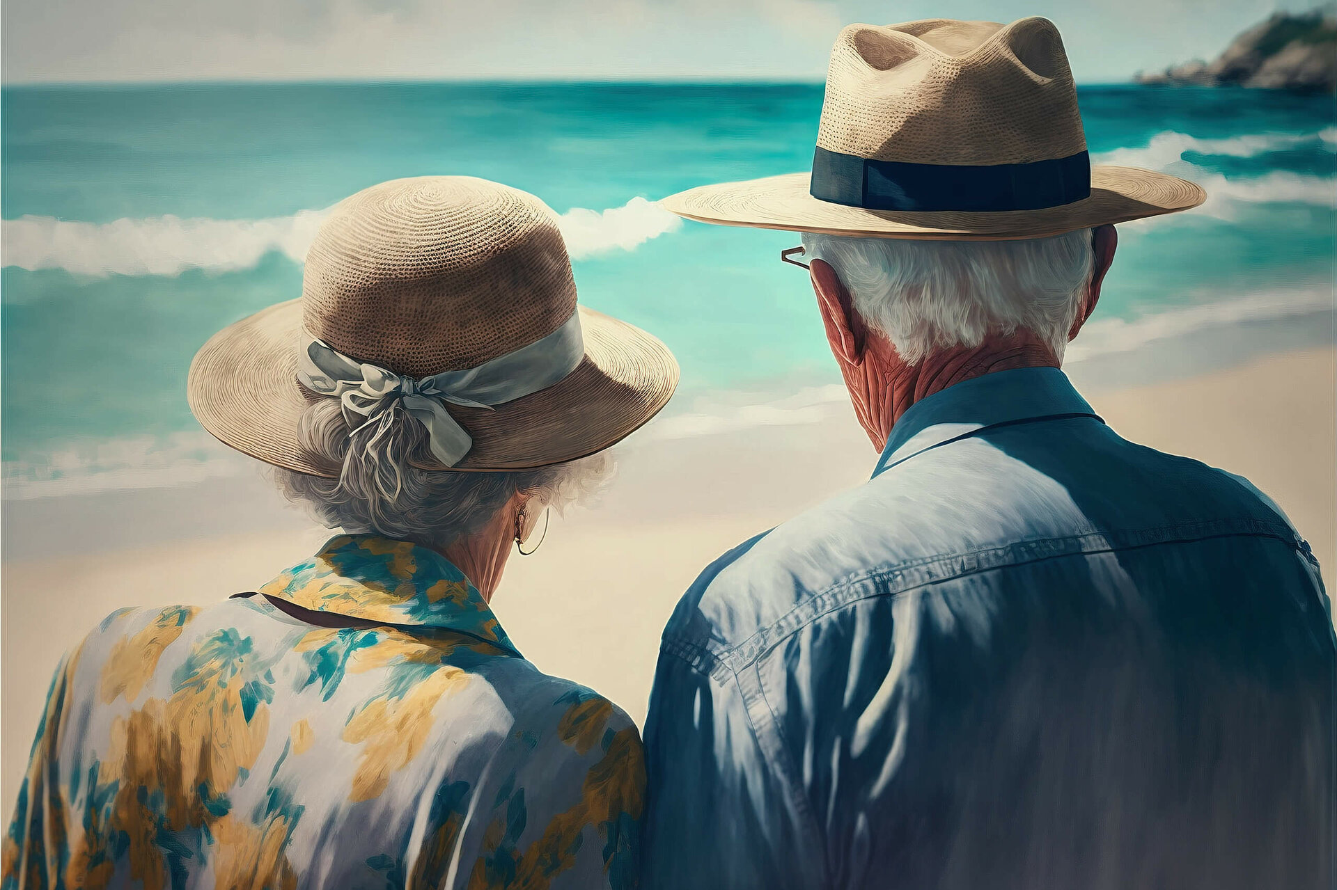 Altes Ehepaar steht am Strand mit Blick auf Meer