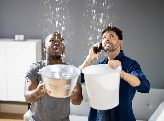 Zwei Männer stehen mit Eimern im Wohnzimmer und fangen das Wasser von der Decke auf